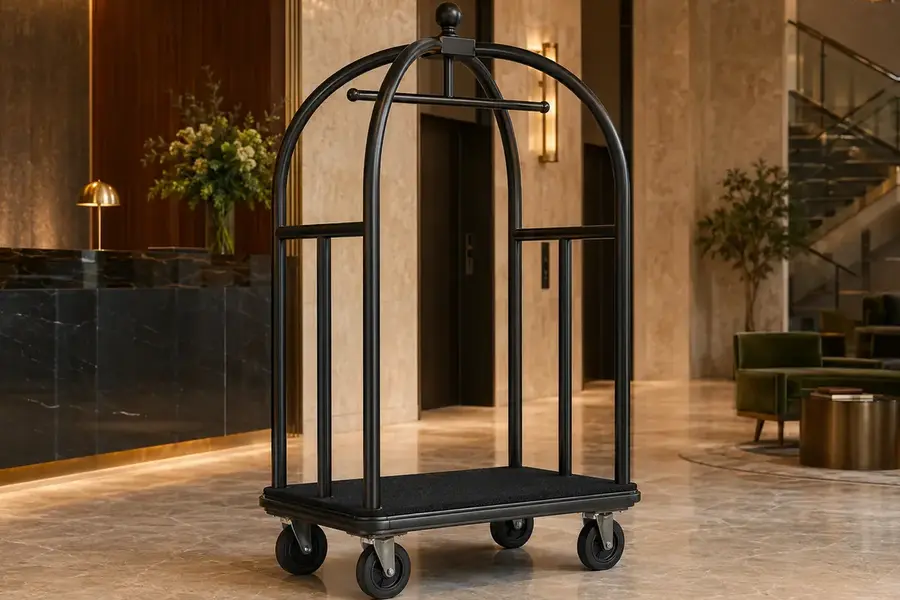 Black-finish birdcage luggage cart in a contemporary hotel lobby