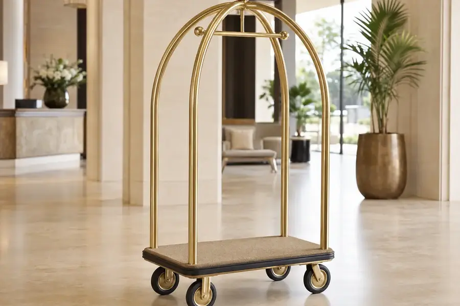 Champagne-finish birdcage luggage cart coordinated with a hotel lobby