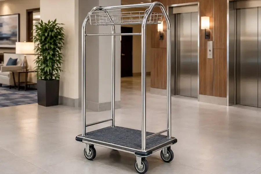 Compact guest-service basket cart for hotel deliveries