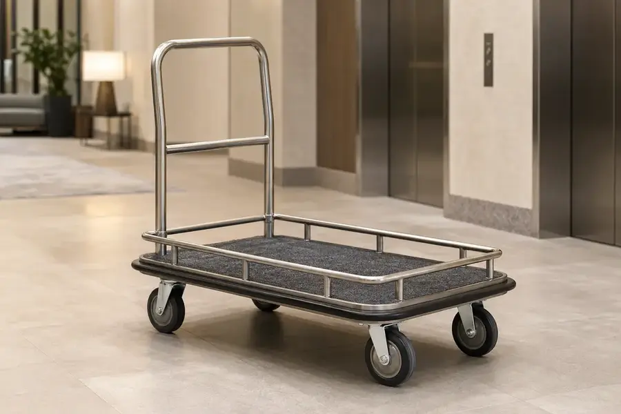 Low-profile platform cart prepared for bulk hotel luggage movement