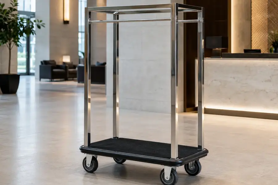 Square-top bellman luggage cart in a guest-facing hotel area