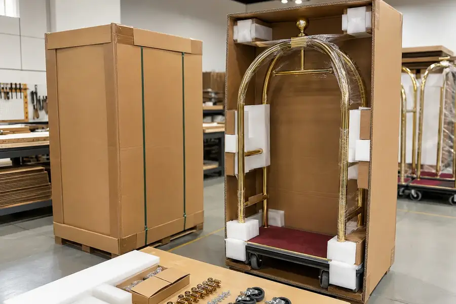 Hotel luggage carts secured with protective export packing