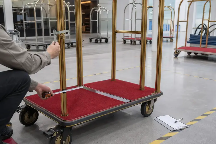 Detailed quality inspection of a hotel luggage cart before shipment