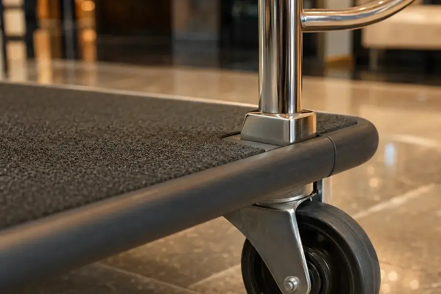 Luggage cart deck carpet and protective bumper construction detail