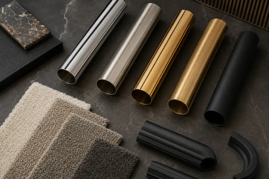 Metal finish samples used to approve hotel luggage cart appearance