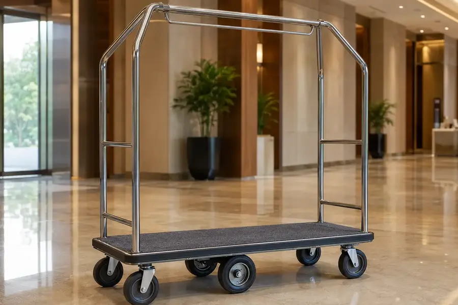 High-capacity luggage cart configured for an airport hotel
