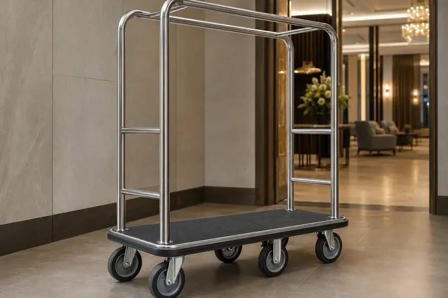 Extended bellman cart prepared for convention hotel group arrivals