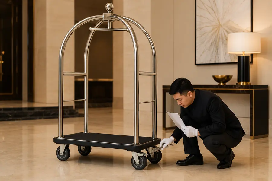 Receiving inspection for hotel luggage carts and replacement components