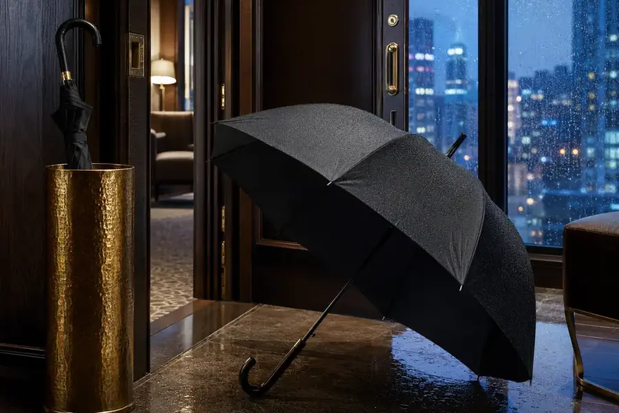 Hotel doorman providing an umbrella during rainy-day guest service