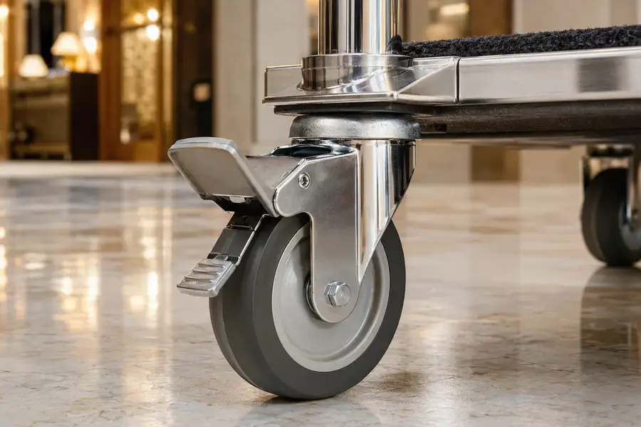 Replacement caster and brake components for hotel luggage carts