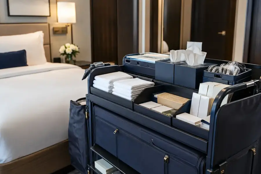 Organized concierge restocking and luggage storage operation