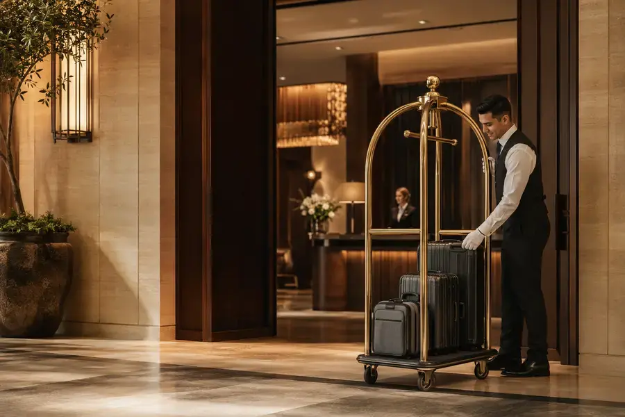 Bell attendant with a polished hotel luggage cart at a luxury property entrance