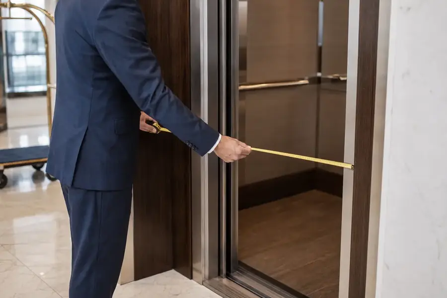 Hotel team measuring a luggage-cart route and service access
