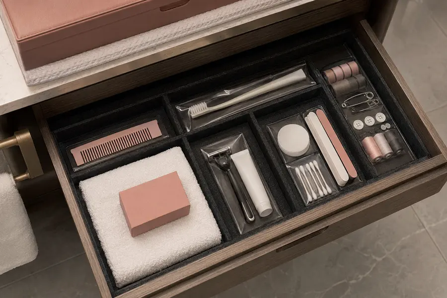 Organized grooming drawer in a hotel amenity program