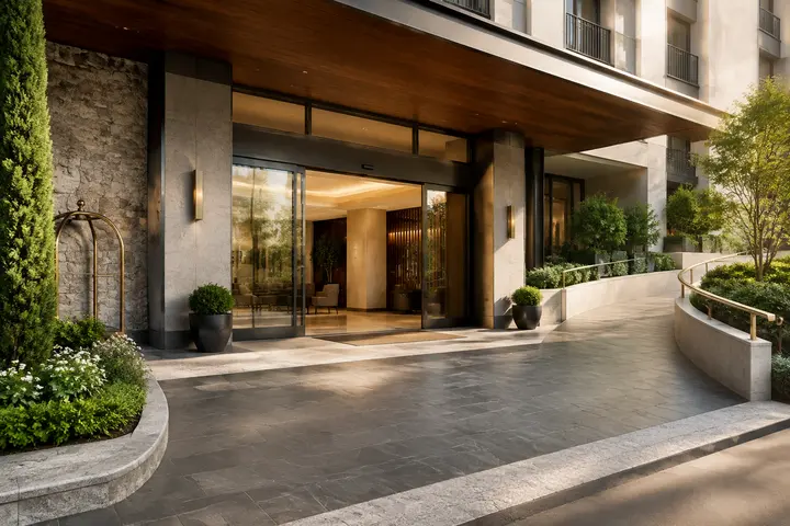 Accessible hotel arrival route with level entrance and mobility equipment