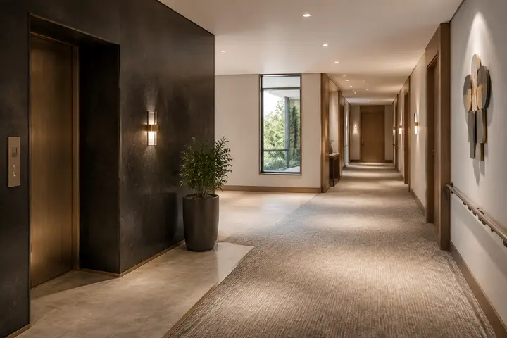 Wide hotel corridor with tactile wayfinding and clear route