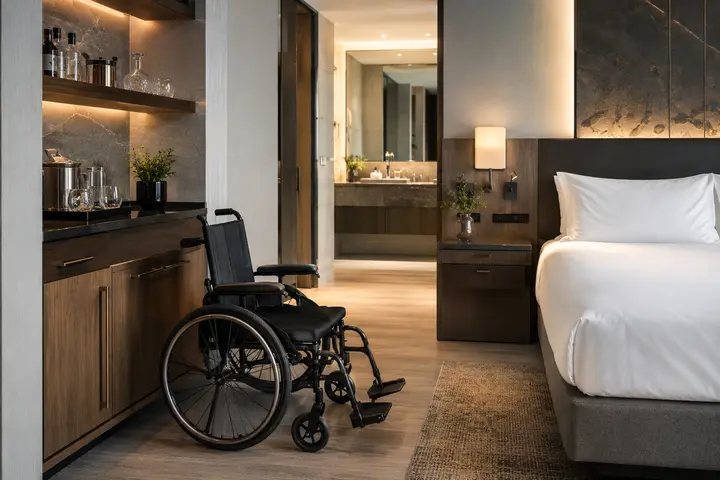 Accessible hotel guest room with transfer space and reachable controls