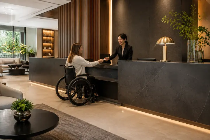 Accessible hotel reception counter with clear approach space