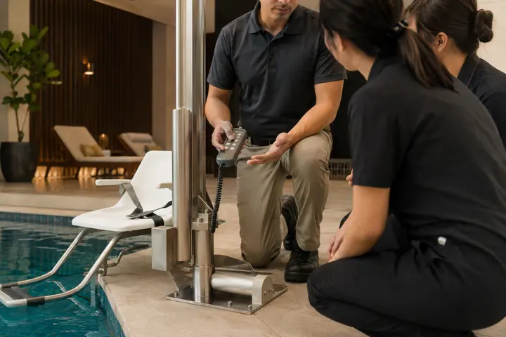Hotel staff receiving training on accessibility equipment operation