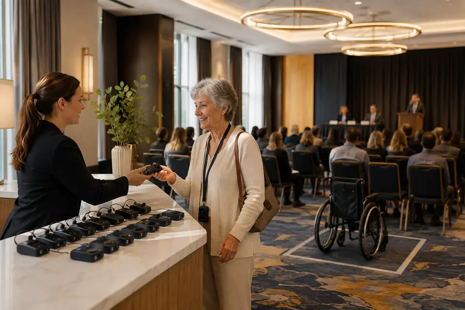 Accessible hotel conference environment with assistive listening support and wheelchair seating spaces