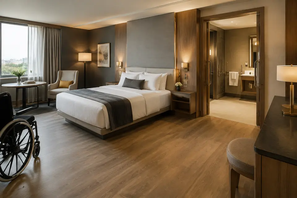 Accessible luxury hotel guest room with clear circulation and transfer space