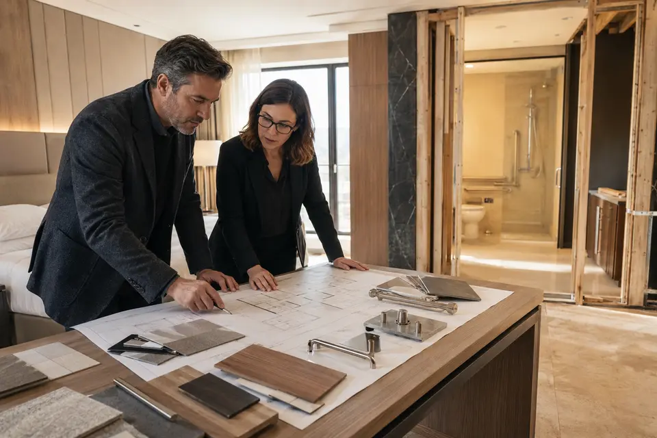 Accessibility consultant and architect reviewing plans and product samples for a new hotel