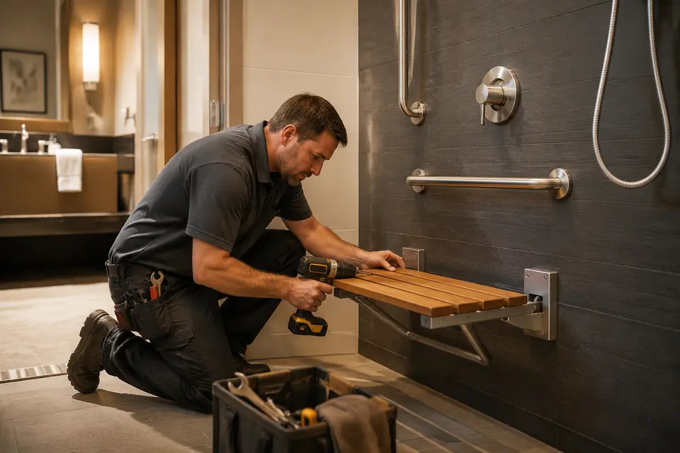 Professional installing a fold-down shower seat in an accessible hotel bathroom