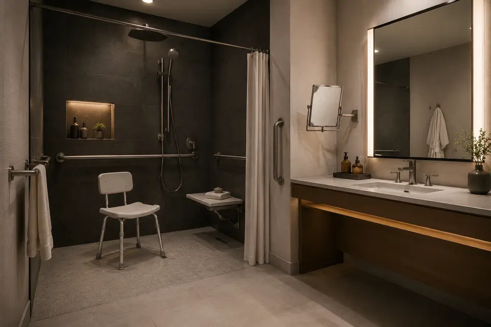 Accessible hotel bathroom with grab bars, shower chair, and adjustable mirror
