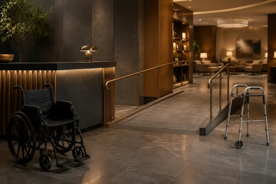 Wheelchair, walker, and ramp in an accessible hotel lobby