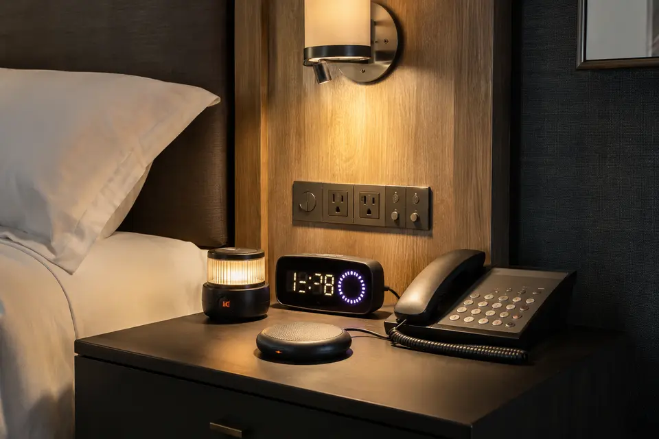 Visual, vibrating, and telephone alerting equipment in a hotel guest room