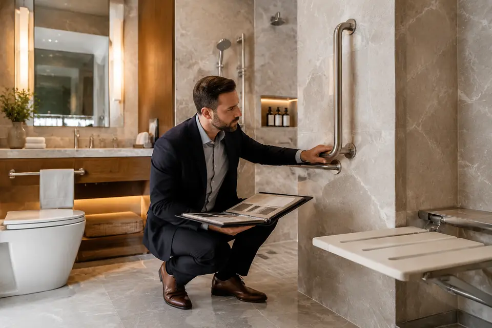 Accessibility consultant checking grab bar mounting and product specifications in a hotel bathroom
