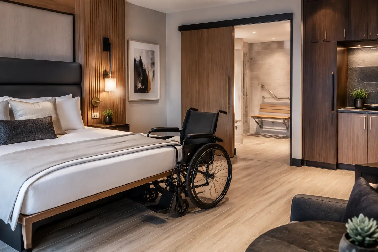Accessible luxury hotel guest room with wheelchair, accessible-height bed, and roll-in bathroom