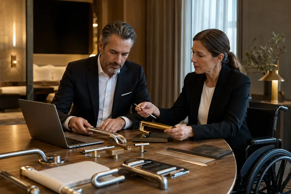 Accessibility consultant reviewing product specifications with a hotel project team