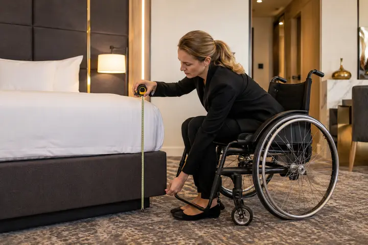 Accessible hotel bed height and under-bed clearance being measured