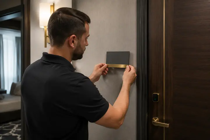 Braille and tactile sign placement beside a hotel door