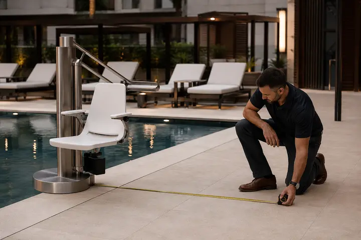 Pool lift deck geometry and clear space being measured