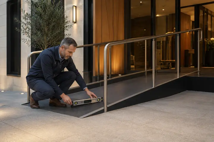 Accessibility ramp rise and run being measured