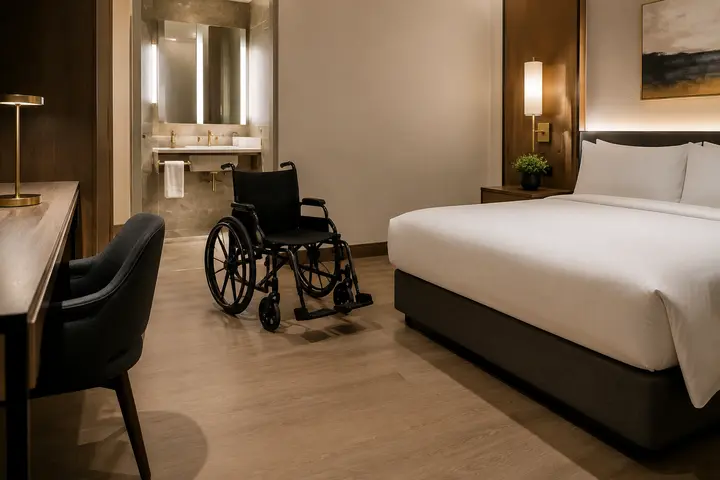 Transfer space beside accessible hotel furniture being checked