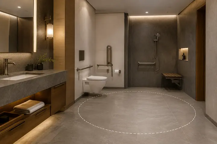 Accessible hotel room turning space marked for verification