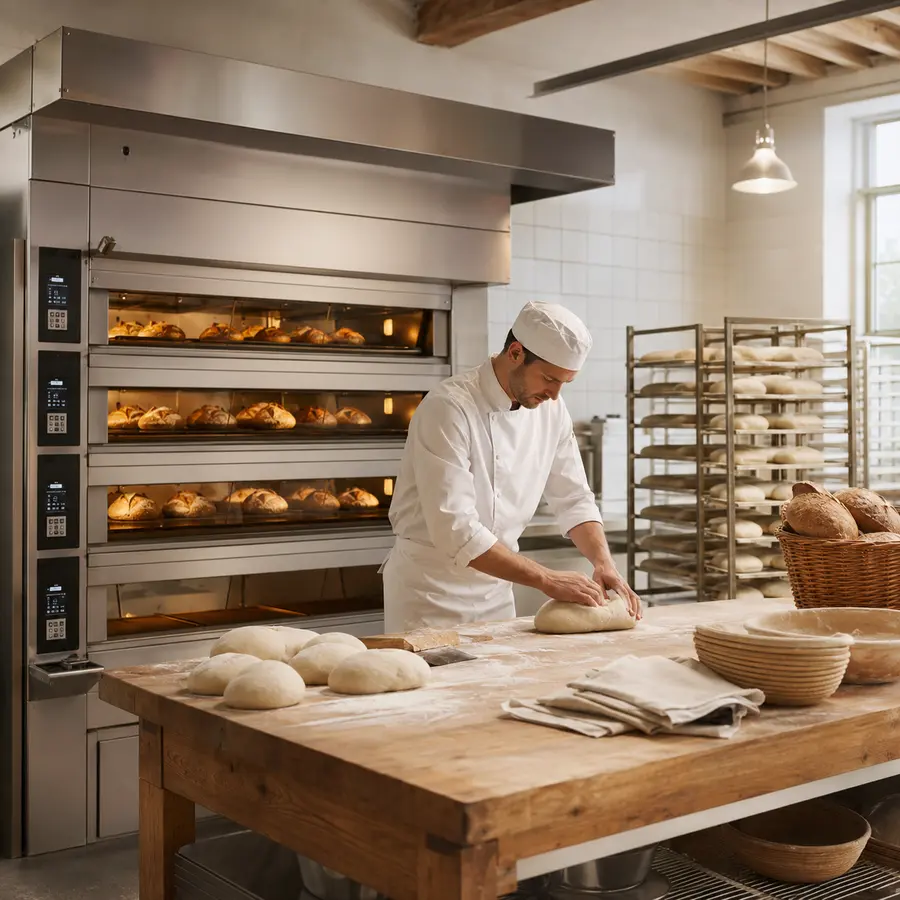 Professional bakery production kitchen with deck ovens
