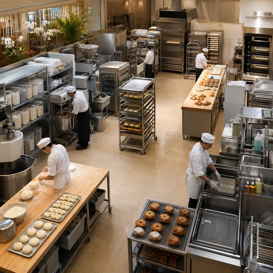 Commercial bakery production line with ovens and workstations