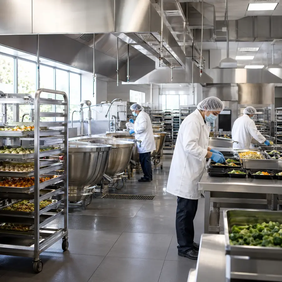 High-volume central bakery with ovens, mixers, racks, and packing stations