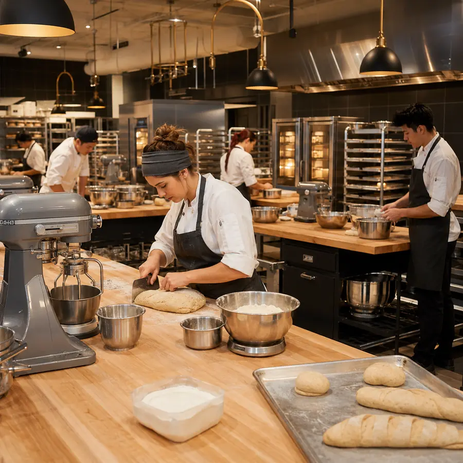 Culinary school bakery with professional dough and pastry workstations