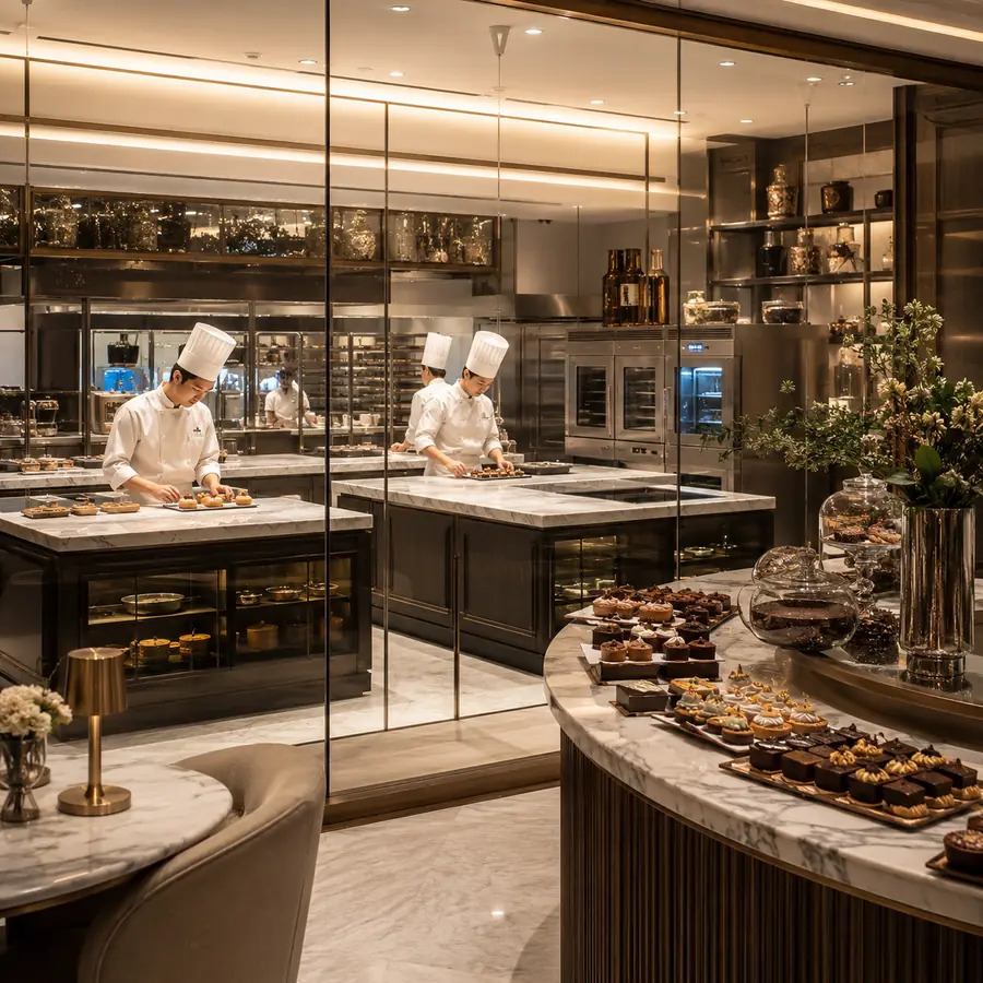 Open hotel pastry kitchen visible to guests