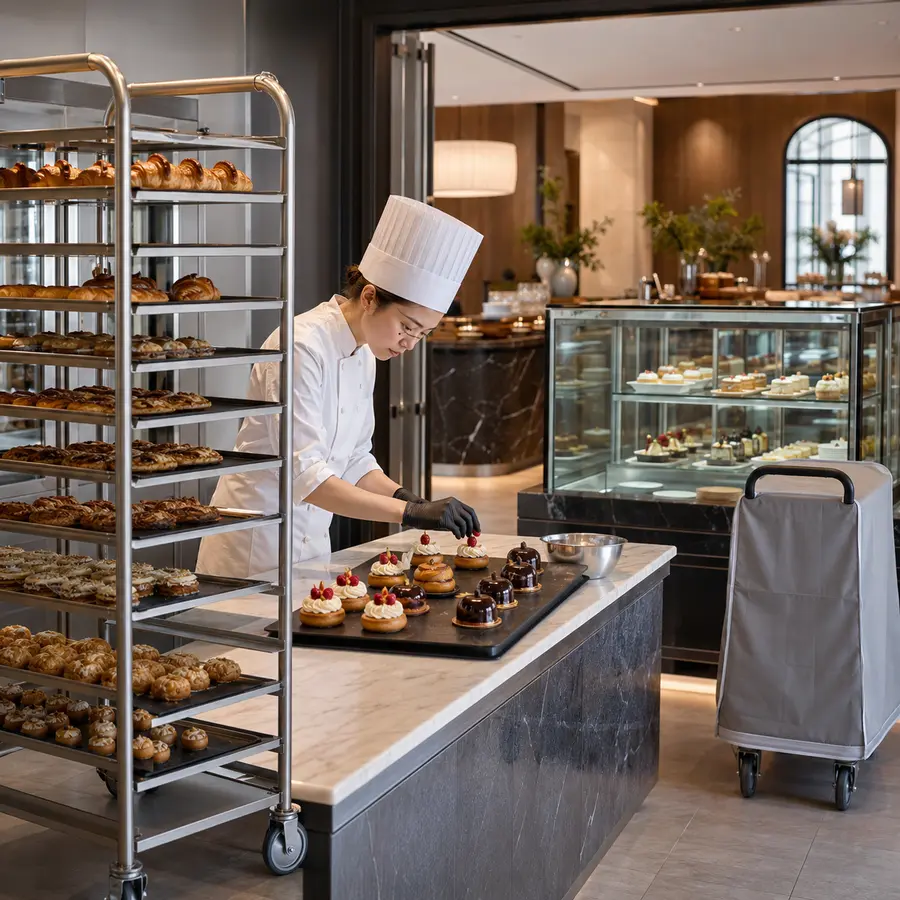 Hotel pastry chef at a professional production station