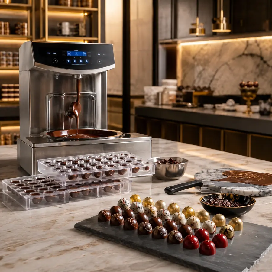 Chocolate and confectionery finishing station in a pastry kitchen