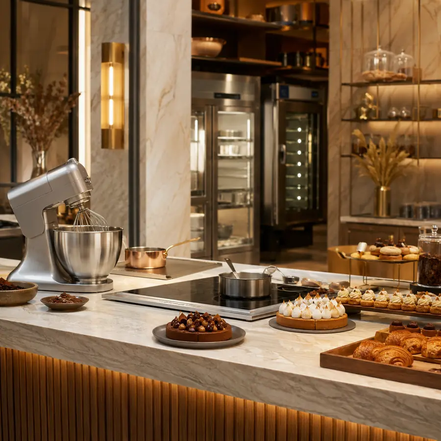 Restaurant pastry station prepared for plated desserts and breads
