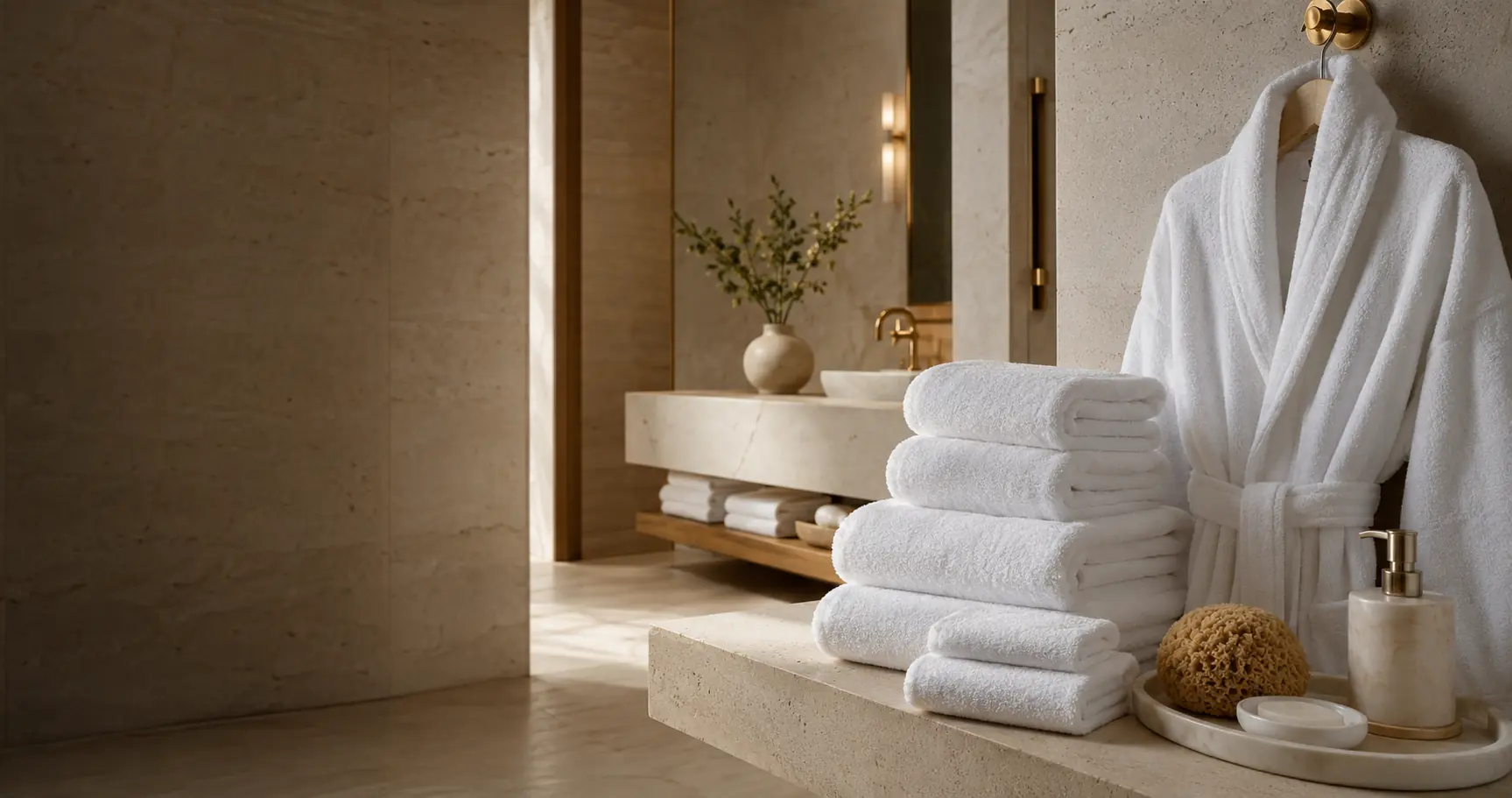 Luxury hotel bathroom with coordinated towels, bathrobe, slippers, and bath linen accessories