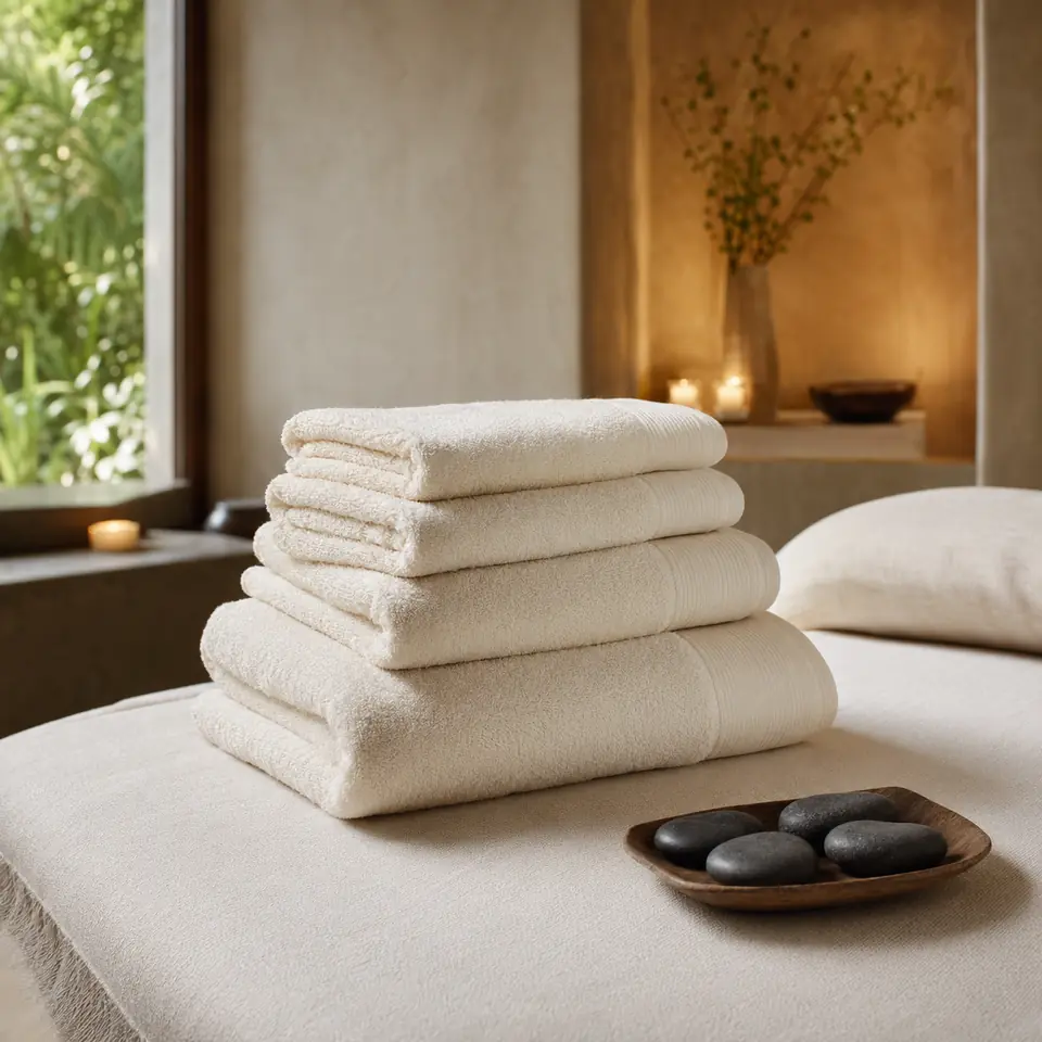 Premium towels arranged in a hotel spa treatment room