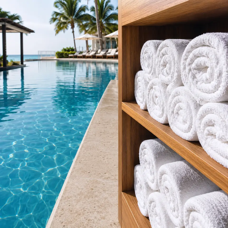 Rolled hotel pool towels beside a resort pool